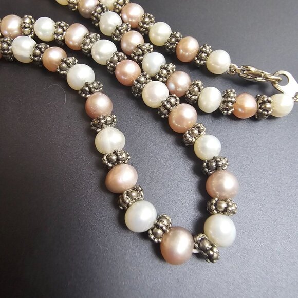 Classic 18" Freshwater Pearl Necklace Pink White Silver Beads Feminine Romantic - Picture 16 of 16